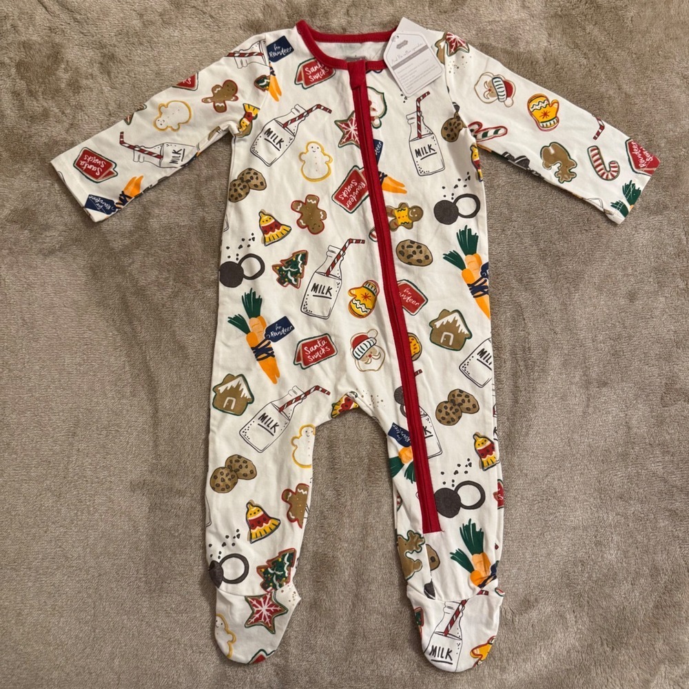 Mud Pie Christmas Cookie Sleeper Baby Pajamas Santa Snacks White Red 6-9 Months